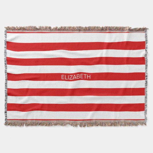 Rood wit horizontaal Preppy Stripe Name Monogram Deken (Voorkant)