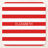 Rood wit horizontaal Preppy Stripe Name Monogram Kartonnen Onderzetters (Voorkant)