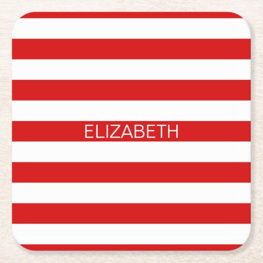 Rood wit horizontaal Preppy Stripe Name Monogram Kartonnen Onderzetters (Voorkant)