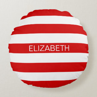 Rood wit horizontaal Preppy Stripe Name Monogram Rond Kussen