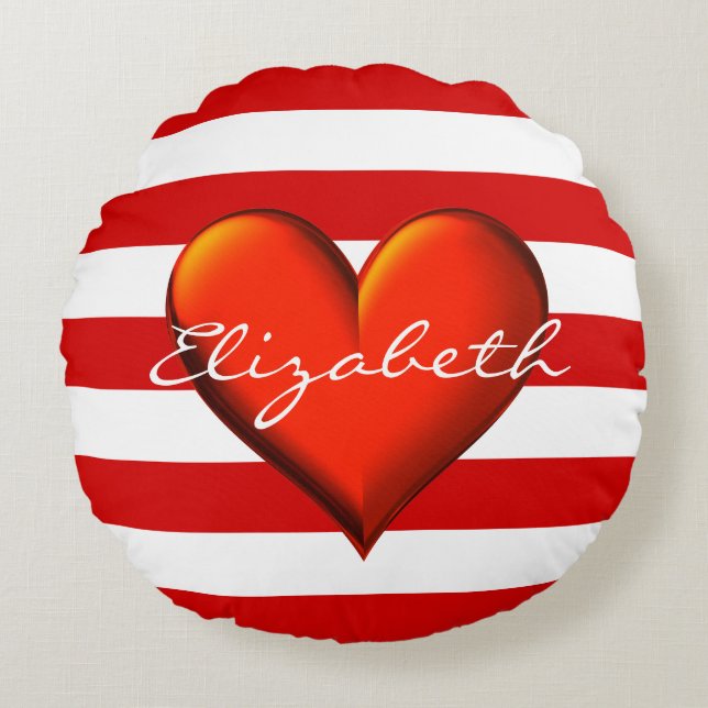 Rood Wit Horizontale Streep Rood Metal Hart Monogr Rond Kussen (Voorkant)