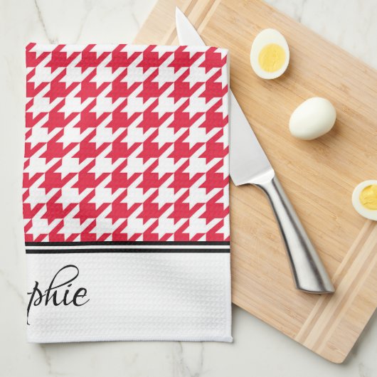 Rood & Wit Houndstooth Gepersonaliseerd Theedoek (Quarter Fold)
