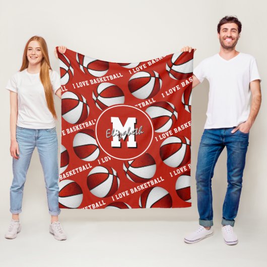 rood wit Ik hou van basketbalteamkleuren Fleece Bl Deken (In situ)
