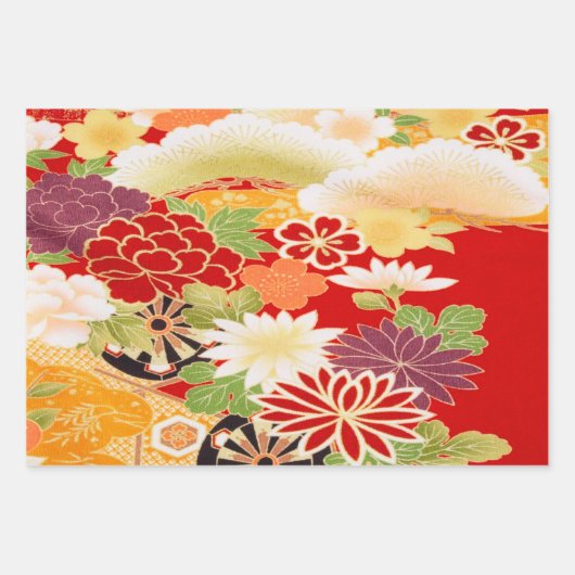 Rood Wit  Japans Kimono Bloemen Decoupage Inpakpapier Vel (Voorkant 3)