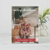 Rood Wit Kalligrafie Vrolijk Kerstmis Foto Feestdagenkaart (Staand voorkant)