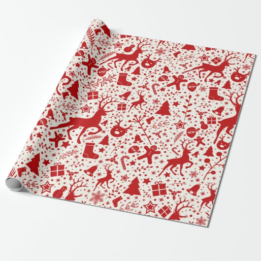 Rood & Wit Kerst Rendier Silhouet Patroon Cadeaupapier (Uitgerold)