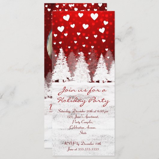 Rood & Wit Kerstmis besneeuwde foto uitnodigingen (Voorkant / Achterkant)