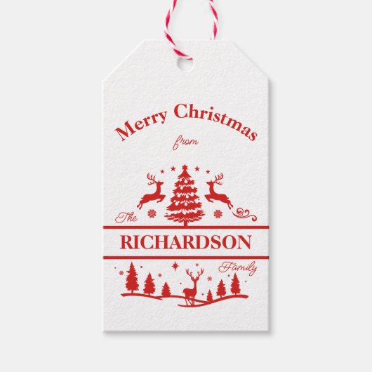 Rood Wit Kerstmis Gepersonaliseerde familienaam Cadeaulabel (Voorkant)