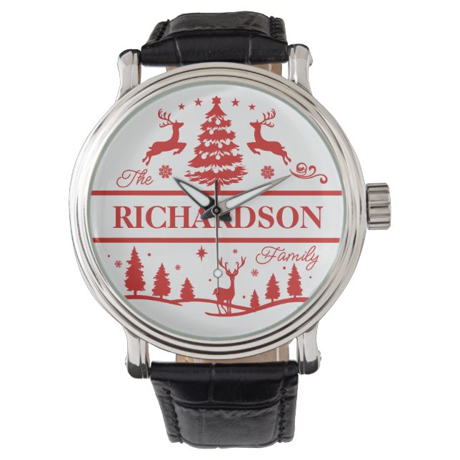 Rood Wit Kerstmis Gepersonaliseerde familienaam Horloge (Voorkant)