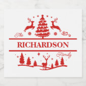 Rood Wit Kerstmis Gepersonaliseerde familienaam Sparkling Wijnetiket (Enkel label)