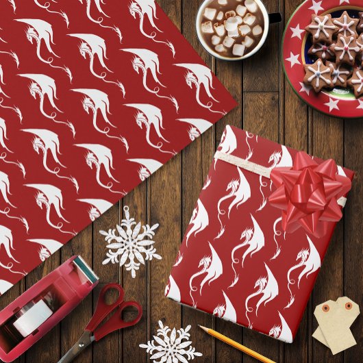 Rood Wit Kerstmis Tribal Dragon Cadeaupapier