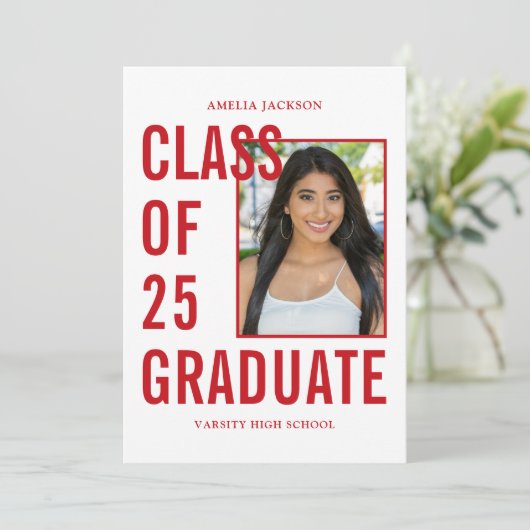 Rood & Wit Klasse van 25 Foto Afstuderen Aankondiging (Staand voorkant)