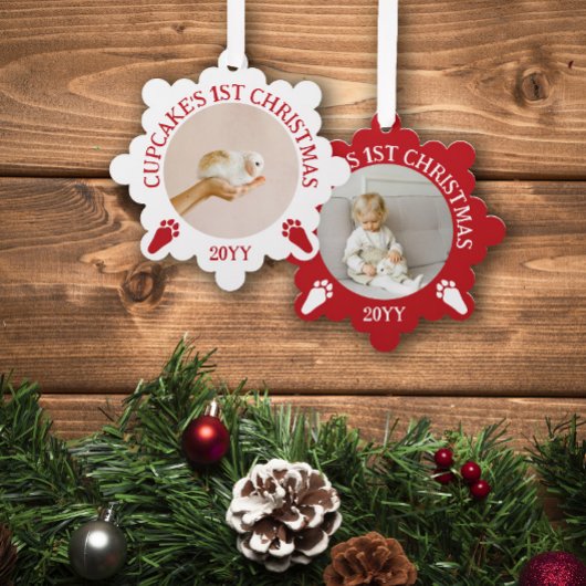 Rood Wit Konijn Poot Prints Bunny's 1e Kerstmis Ornament Kaart