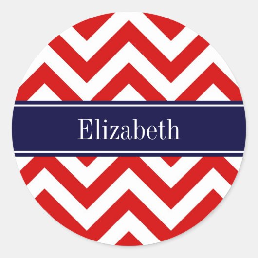 Rood Wit LG Chevron Navy Blauwe Naam Initiaal Ronde Sticker (Voorkant)