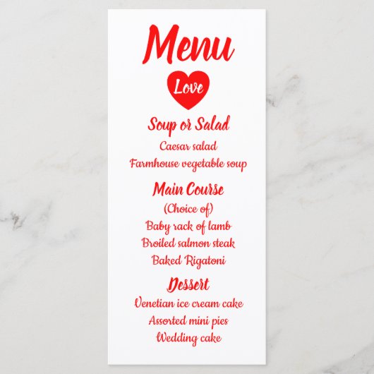 Rood & Wit Liefde Hart Menu Trouwfeest (Voorkant)
