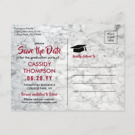 Rood & Wit Marmer Afstuderen Foto Bewaar de datum Briefkaart (Achterkant)