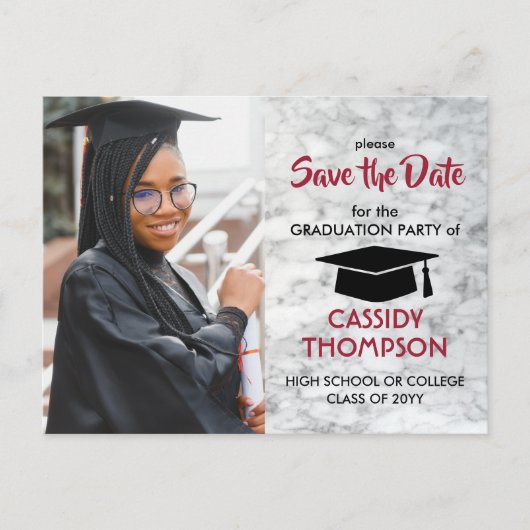 Rood & Wit Marmer Afstuderen Foto Bewaar de datum Briefkaart (Voorkant)