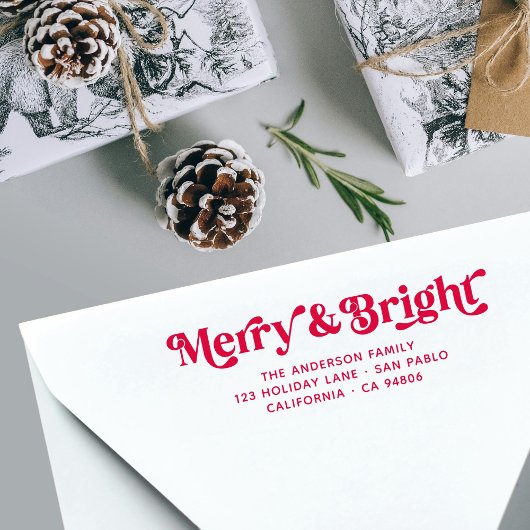 Rood Wit Merry Bright Retro Xmas Retour Adres Zelfinktende Stempel