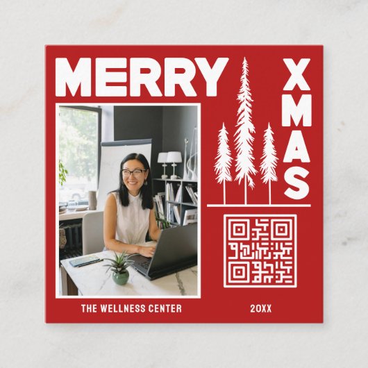 Rood & Wit Merry Xmas QR-code Vierkante Visitekaartje (Voorkant)