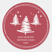 Rood wit minimalistische kerstbomen ronde sticker (Voorkant)