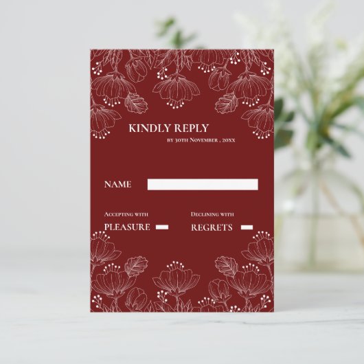 Rood wit minimalistische lijn bloemenbruiloft RSVP (Staand voorkant)