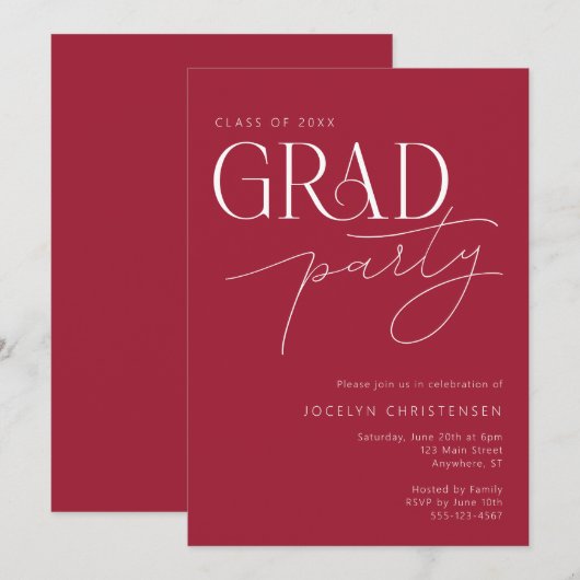 Rood Wit Modern Minimalistisch Afstudeerder Uitnod Kaart (Voorkant / Achterkant)