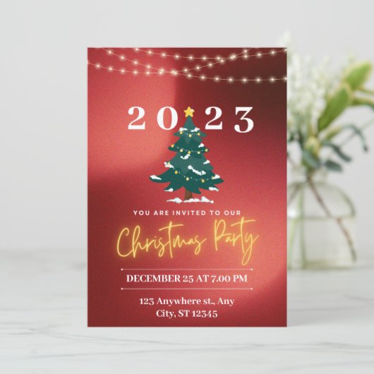 Rood Wit Modern Neon Kerstfeest uitnodiging (Staand voorkant)