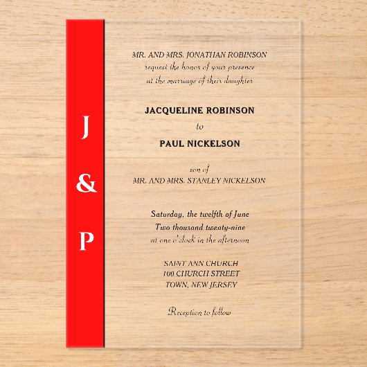 Rood Wit Monogram Bruid en Bruidegom Clear Acryl Uitnodigingen (Voorkant)