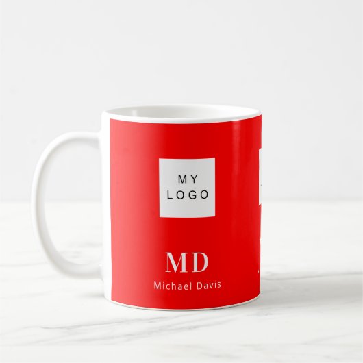 Rood wit monogram naam bedrijf logo koffiemok (Links)
