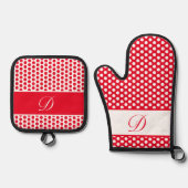 Rood & Wit Monogrammed Polka-Dot Ovenwant & Pannenlap Set (Voorkant)