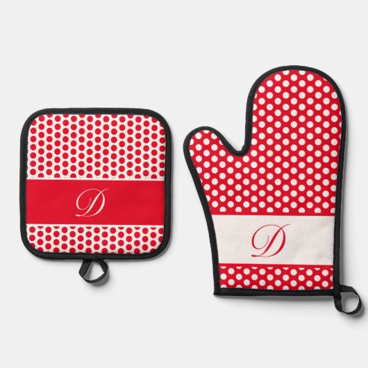 Rood & Wit Monogrammed Polka-Dot Ovenwant & Pannenlap Set (Voorkant)