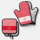 Rood & Wit Monogrammed Polka-Dot Ovenwant & Pannenlap Set (Voorkant / Achterkant)