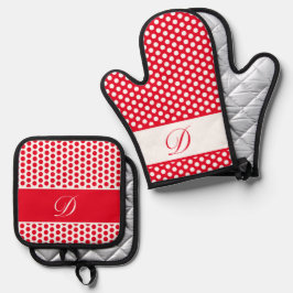 Rood & Wit Monogrammed Polka-Dot Ovenwant & Pannenlap Set