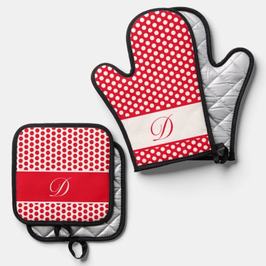 Rood & Wit Monogrammed Polka-Dot Ovenwant & Pannenlap Set (Voorkant / Achterkant)
