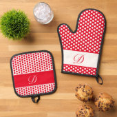 Rood & Wit Monogrammed Polka-Dot Ovenwant & Pannenlap Set (Top down)