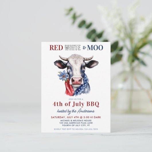 Rood Wit Moo Patriottisch Koe Boerderij 4 juli Uitnodiging Briefkaart (Staand voorkant)
