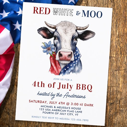 Rood Wit Moo Patriottisch Koe Boerderij 4 juli Uitnodiging Briefkaart