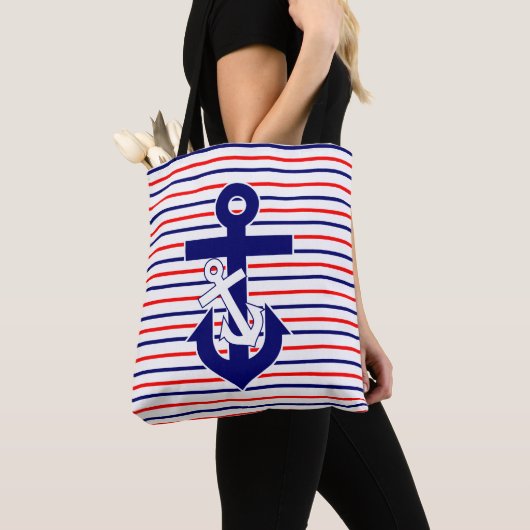 Rood wit & Navy Stripes met ankers Canvas tas (Dichtbij)