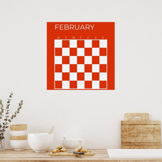Rood Wit Ongedateerd Geruit Februari Kalender Poster (Keuken)