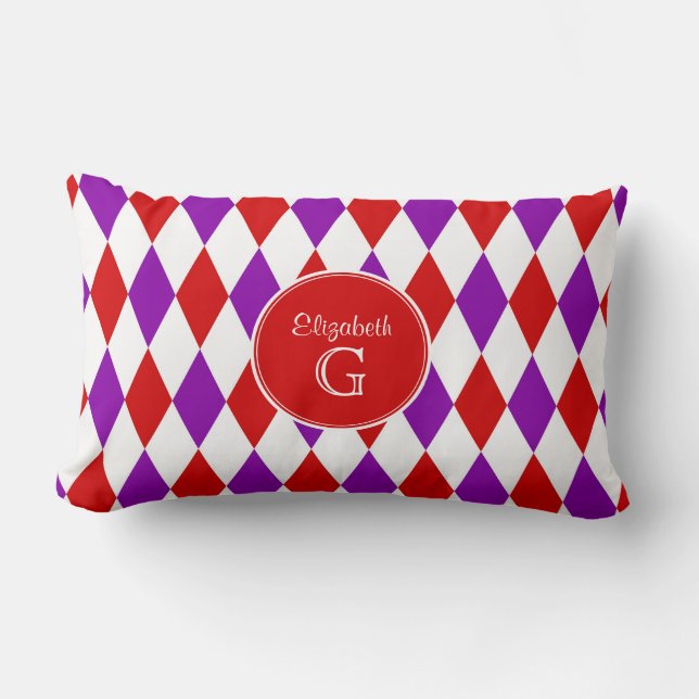 Rood Wit Paars Harlekijn Rond Rood Monogram #2 Kussen (Voorkant)
