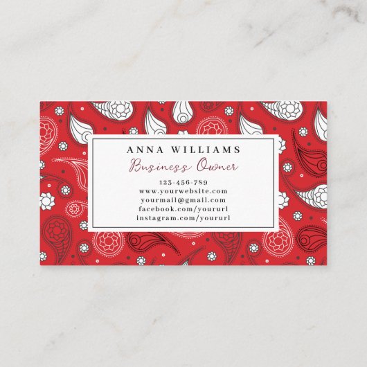 Rood & Wit Paisley Bandana Patroon Personaliseren Visitekaartje (Achterkant)
