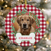 Rood & Wit Plaid Hond Foto Kerst Krans Keramisch Ornament