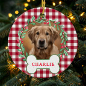 Rood & Wit Plaid Hond Foto Kerst Krans Keramisch Ornament