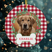 Rood & Wit Plaid Hond Foto Kerst Krans Keramisch Ornament