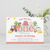 Rood Wit Plaid Oink Baa Moo Boerderij 1e Verjaarda Kaart (Staand voorkant)