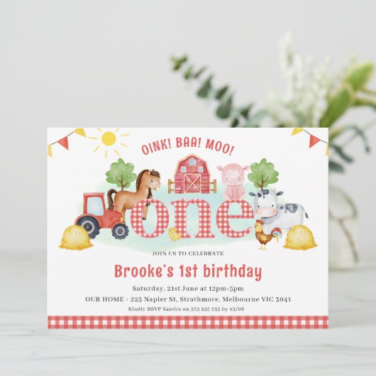 Rood Wit Plaid Oink Baa Moo Boerderij 1e Verjaarda Kaart (Staand voorkant)