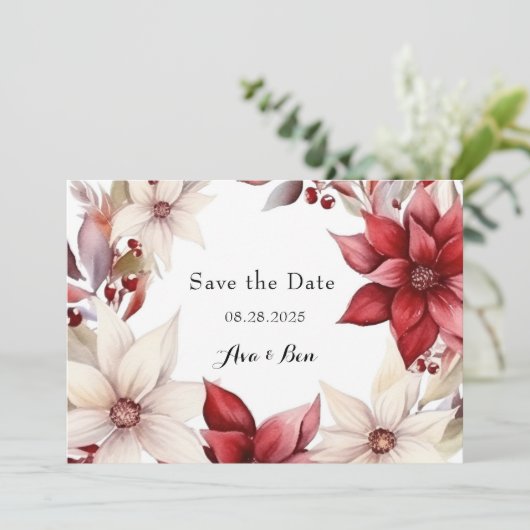 Rood Wit Poinsettia Bruiloft Save the Date Kaarten (Staand voorkant)