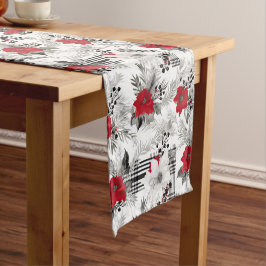 Rood Wit Poinsettia Plaid Kerstpatroon Korte Tafelloper