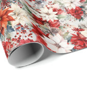 Rood & Wit Poinsettias met bessen Cadeaupapier (Rol Hoek)