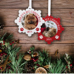 Rood Wit Poot Prints Puppy's 1e Kerstmis Ornament Kaart<br><div class="desc">Sneeuwvlokvormig foto ornament met een ronde foto van je puppy met gebogen tekst en schattige pootafdrukken in rood en wit.</div>